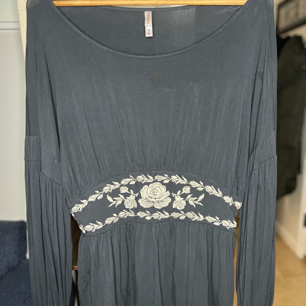Xhilaration Black Long Sleeve Floral Embroidered Detail Top